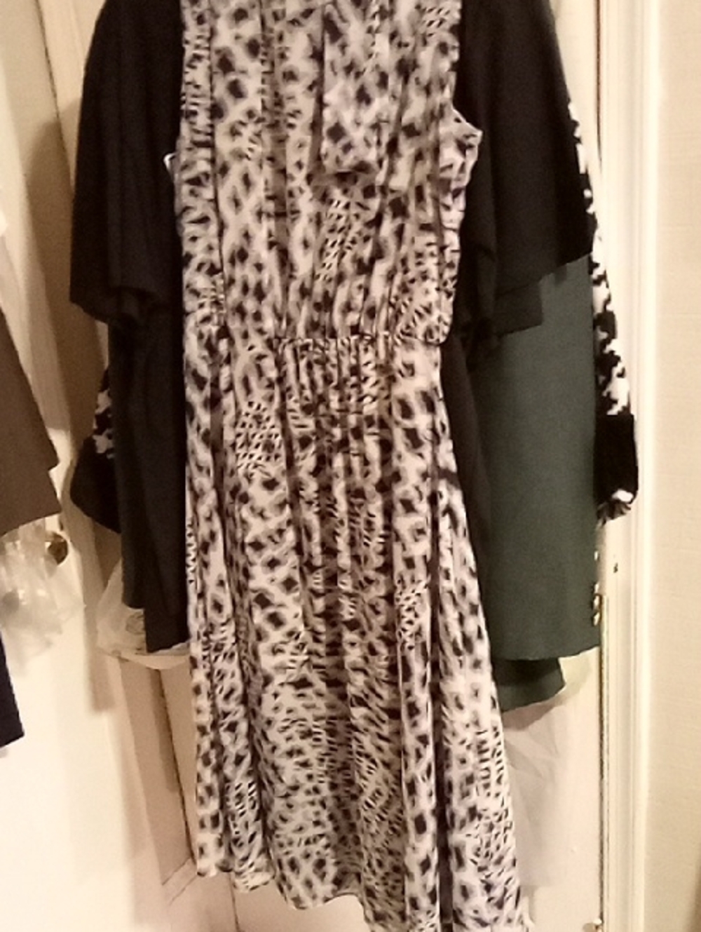 Black & White Animal-Print Midi Dress with Gathered Waist